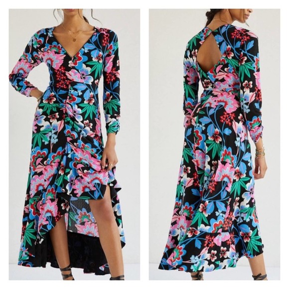 Maeve Dresses & Skirts - Maeve Black Multicolor Floral Ruched Hi-lo Cut Out Midi Dress Women’s Size 14